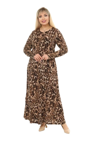 Melsay Butik Leopar Desen Kollu Kadın Uzun Tesettür Elbise - 3
