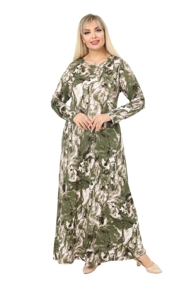 Melsay Butik Yeşil Batik Desen Kollu Kadın Uzun Tesettür Elbise - 1