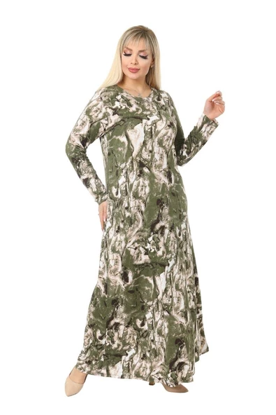 Melsay Butik Yeşil Batik Desen Kollu Kadın Uzun Tesettür Elbise - 4