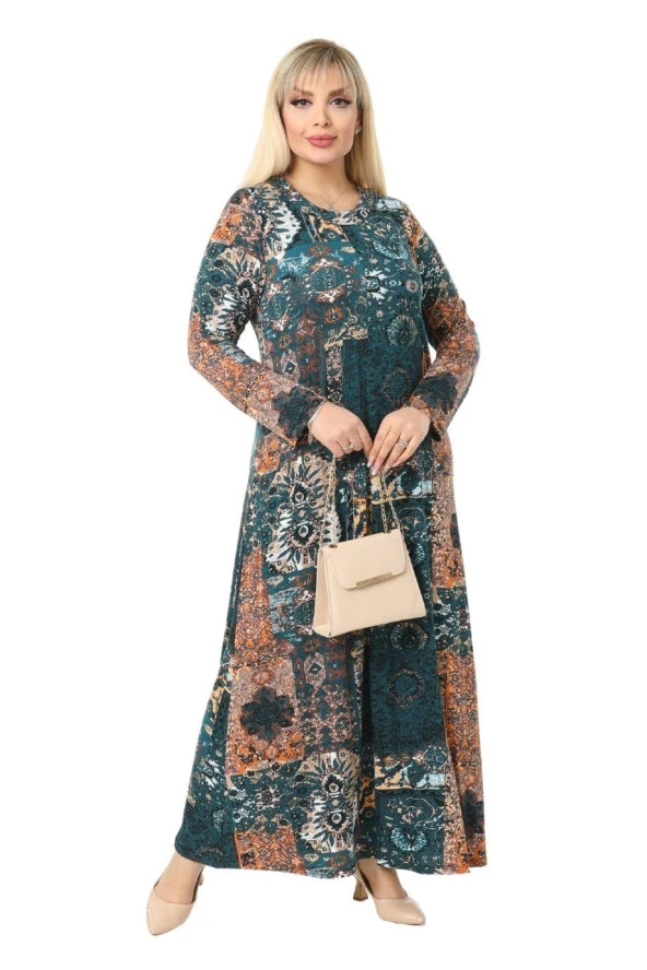 Melsay Butik Petrol Etnik Desen Kollu Kadın Uzun Tesettür Elbise