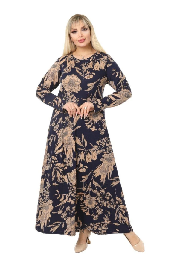 Melsay Butik Lacivert Yaprak Desen Kollu Kadın Uzun Tesettür Elbise