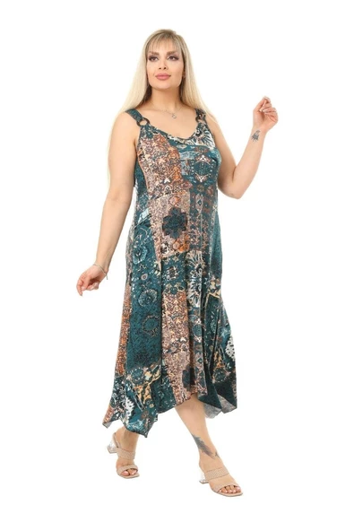 Melsay Butik Yeşil Etnik Desen Askılı V Yaka Uzun Elbise - Resim 3