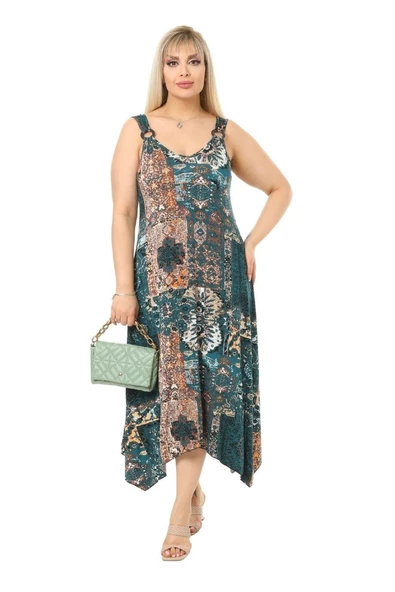Melsay Butik Yeşil Etnik Desen Askılı V Yaka Uzun Elbise ürün görseli