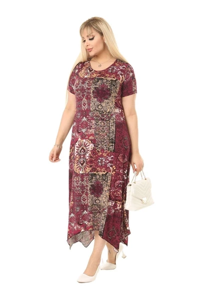 Melsay Butik Bordo Etnik Desen Asimetrik Kısa Kollu Uzun Elbise - 2