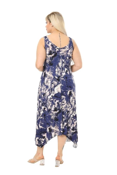 Melsay Butik Mavi Batik Desen Askılı V Yaka Uzun Elbise - Resim 5