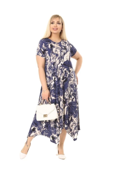 Melsay Butik Mavi Batik Desen Asimetrik Kısa Kollu Uzun Elbise ürün görseli