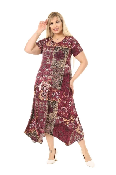 Melsay Butik Bordo Etnik Desen Asimetrik Kısa Kollu Uzun Elbise - 1