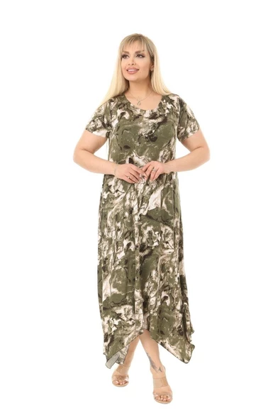 Melsay Butik Yeşil Batik Desen Asimetrik Kısa Kollu Uzun Elbise ürün görseli