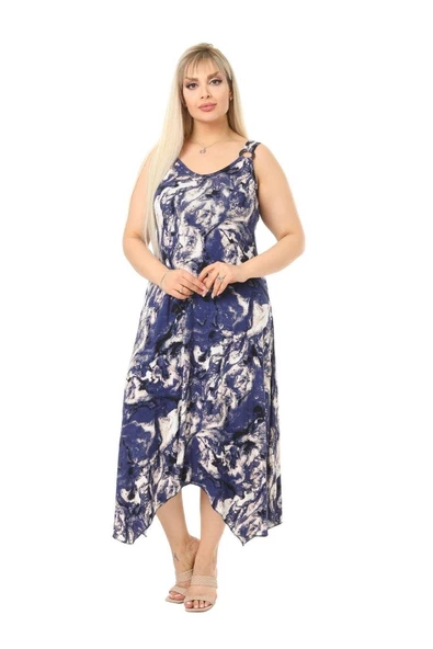 Melsay Butik Mavi Batik Desen Askılı V Yaka Uzun Elbise ürün görseli