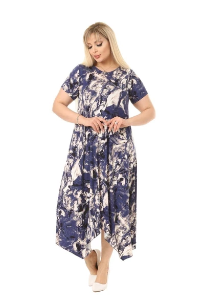 Melsay Butik Mavi Batik Desen Asimetrik Kısa Kollu Uzun Elbise - Resim 4