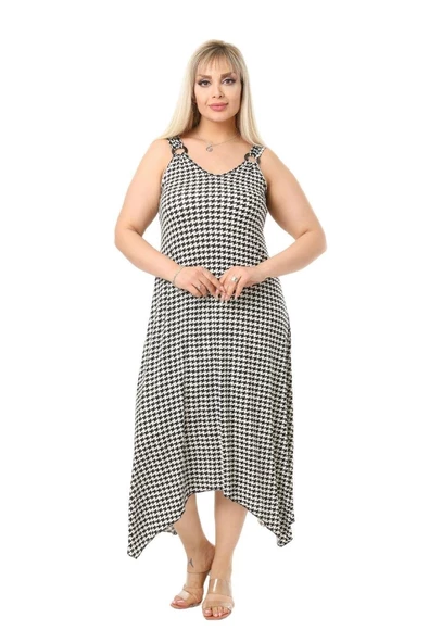 Melsay Butik Kazayağı Desen Askılı V Yaka Uzun Elbise - 1