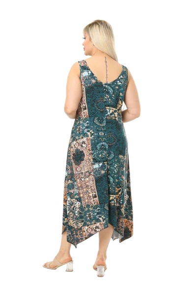 Melsay Butik Yeşil Etnik Desen Askılı V Yaka Uzun Elbise - Resim 5