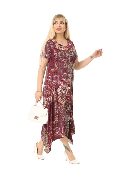 Melsay Butik Bordo Etnik Desen Asimetrik Kısa Kollu Uzun Elbise - 4