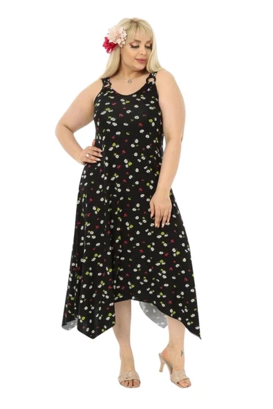 Melsay Butik Siyah Papatya Desen Askılı V Yaka Uzun Elbise ürün görseli