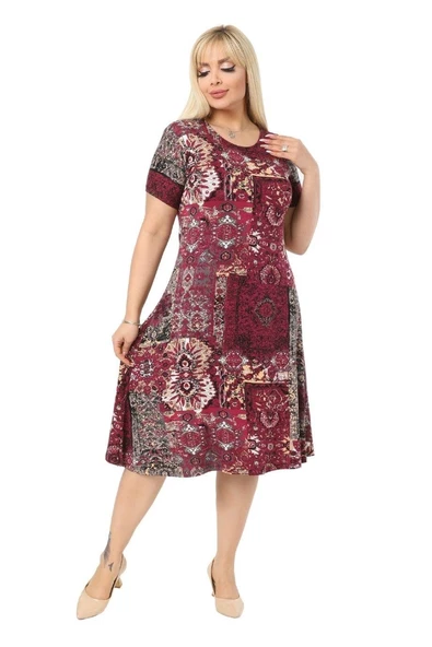 Melsay Butik Bordo Etnik Desen Kısa Kollu Büyük Beden Midi Elbise - Resim 2