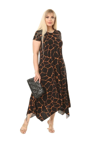 Melsay Butik Siyah Taş Desen Asimetrik Kısa Kollu Uzun Elbise ürün görseli