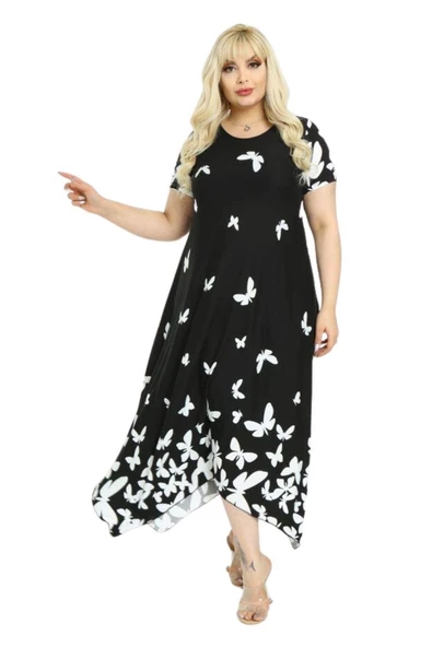 Melsay Butik Kelebek Desen Asimetrik Kısa Kollu Uzun Elbise ürün görseli