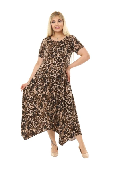 Melsay Butik Büyük Leopar Desen Asimetrik Kısa Kollu Uzun Elbise ürün görseli