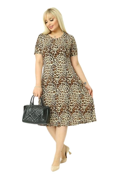 Melsay Butik Küçük Leopar Desenli Kısa Kollu Büyük Beden Midi Elbise - Resim 2