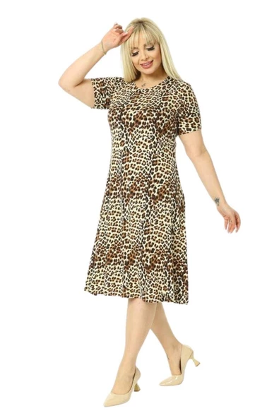 Melsay Butik Küçük Leopar Desenli Kısa Kollu Büyük Beden Midi Elbise - Resim 5