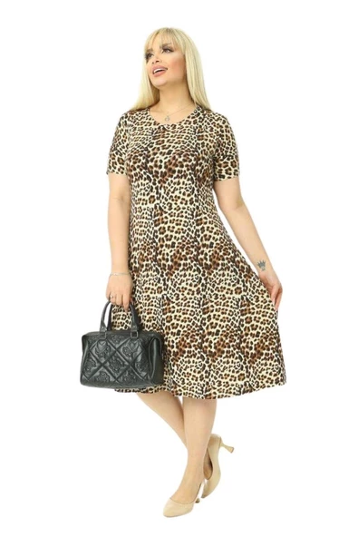 Melsay Butik Küçük Leopar Desenli Kısa Kollu Büyük Beden Midi Elbise - Resim 4