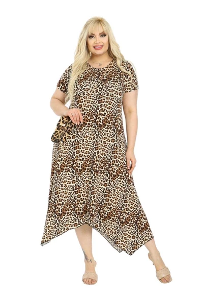 Melsay Butik Küçük Leopar Desen Asimetrik Kısa Kollu Uzun Elbise ürün görseli