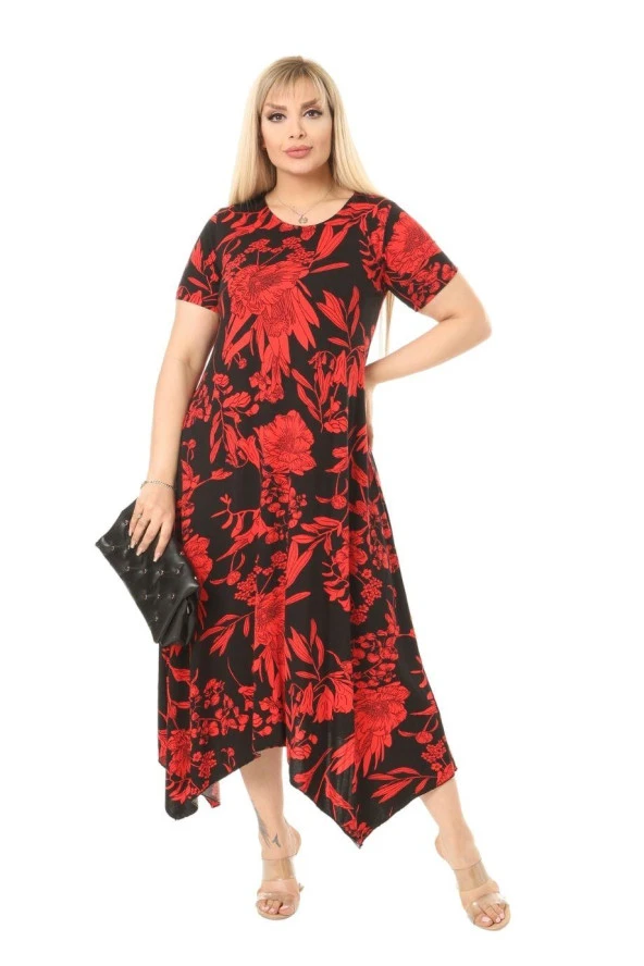 Melsay Butik Kırmızı Palmiye Desen Asimetrik Kısa Kollu Uzun Elbise