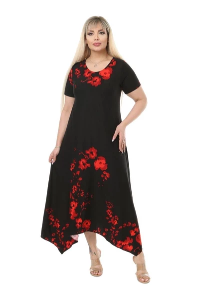 Melsay Butik Gelincik Desenli Asimetrik Kısa Kollu Uzun Elbise