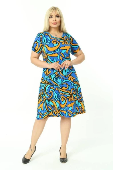 Melsay Butik Turkuaz Desen Kısa Kollu Büyük Beden Midi Elbise - Resim 2