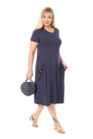 Melsay Butik Püsküllü Cepli Kısa Kollu Lacivert Midi Elbise
