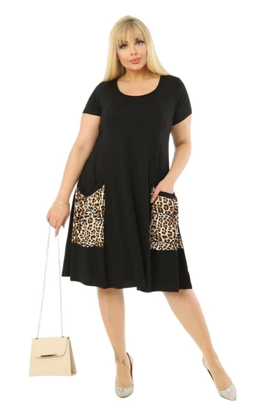 Melsay Butik Balon Cepli Leopar Desen Kısa Kollu Midi Elbise