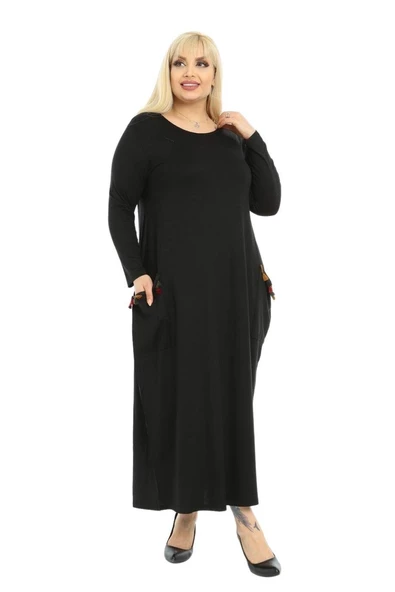 Melsay Butik Püsküllü Cepli Kadın Uzun Kollu Siyah Tesettür Elbise ürün görseli