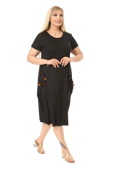 Melsay Butik Püsküllü Cepli Kısa Kollu Siyah Midi Elbise