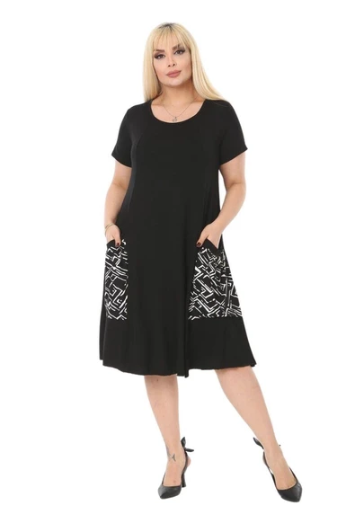 Melsay Butik Balon Cepli Zigzag Desen Kısa Kollu Midi Elbise ürün görseli