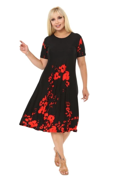 Melsay Butik Kırmızı Gelincik Kısa Kollu Büyük Beden Midi Elbise ürün görseli