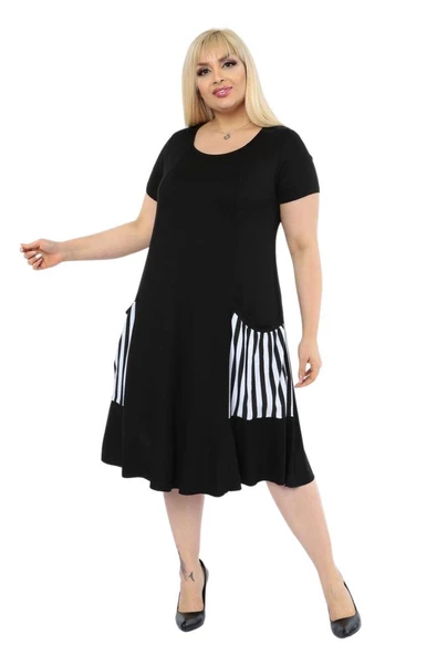 Melsay Butik Balon Cepli Çizgi Desen Kısa Kollu Midi Elbise