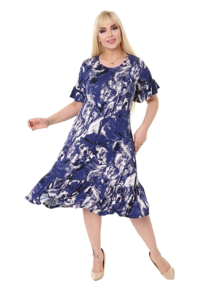 Melsay Butik Mavi Batik Desen Fırfırlı Kısa Kollu Kadın Midi Elbise - 4
