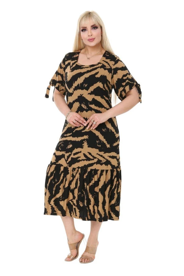 Melsay Butik Vizon Zebra Desen Bağlamalı Kısa Kollu Kadın Midi Elbise