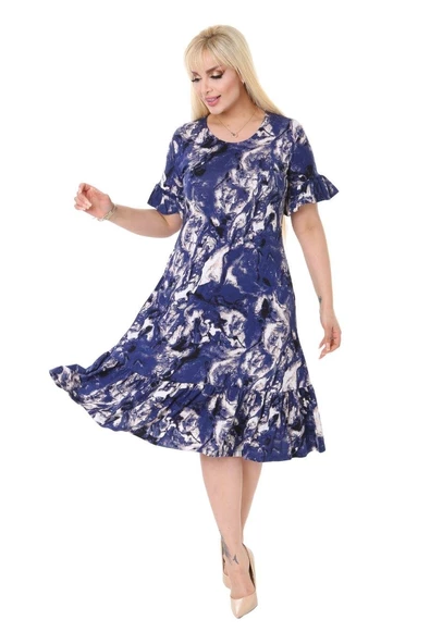 Melsay Butik Mavi Batik Desen Fırfırlı Kısa Kollu Kadın Midi Elbise - 3