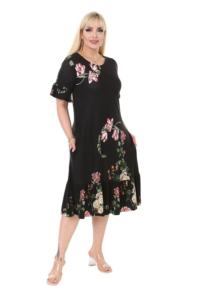 Melsay Butik Siyah Pembe Çiçekli Fırfır Detaylı Kısa Kollu Midi Elbise ürün görseli