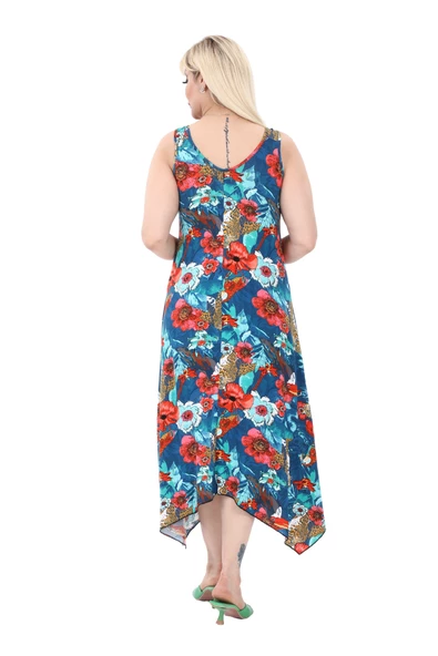 Melsay Butik Papağan Desen Büyük Beden Askılı V Yaka Uzun Elbise - Resim 4