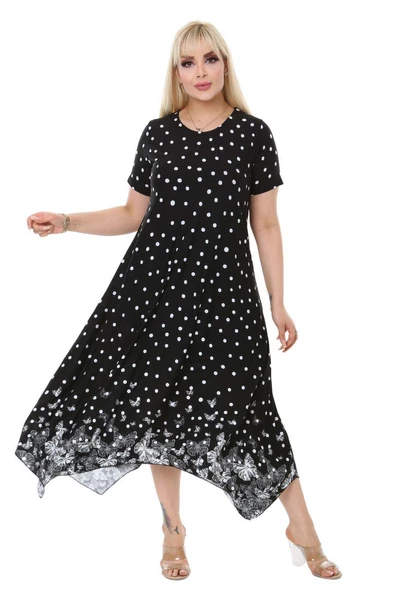 Melsay Butik Siyah Puantiye Kelebek Desen Asimetrik Kesim Uzun Elbise