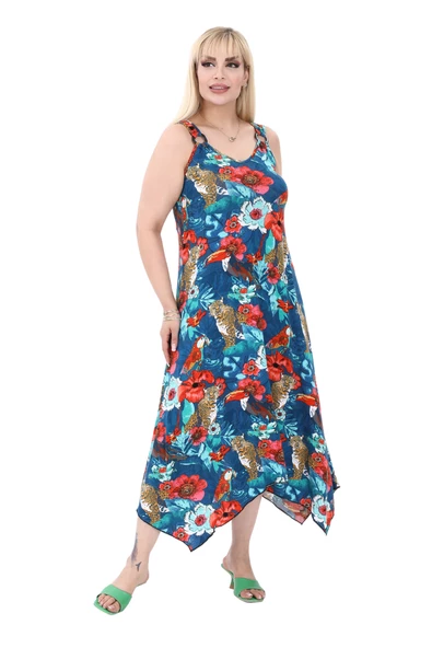 Melsay Butik Papağan Desen Büyük Beden Askılı V Yaka Uzun Elbise - Resim 2