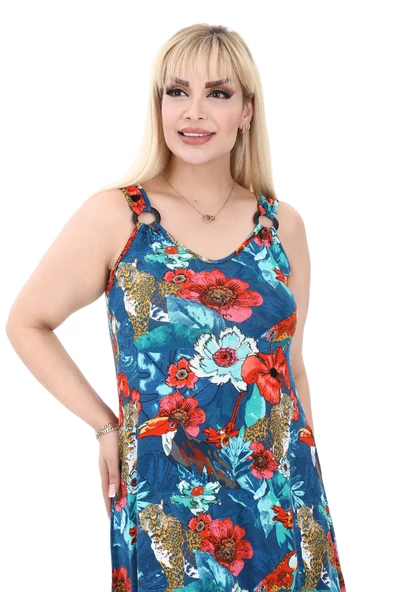 Melsay Butik Papağan Desen Büyük Beden Askılı V Yaka Uzun Elbise - Resim 5