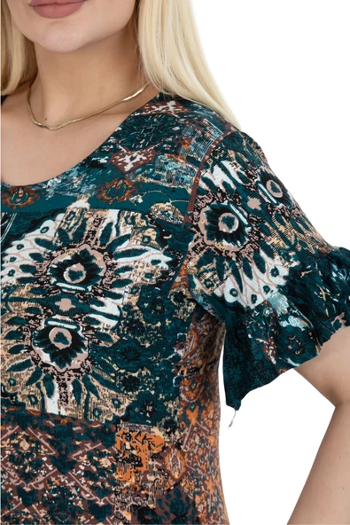 Melsay Butik Petrol Etnik Desen Fırfırlı Kısa Kollu Kadın Midi Elbise - Resim 6