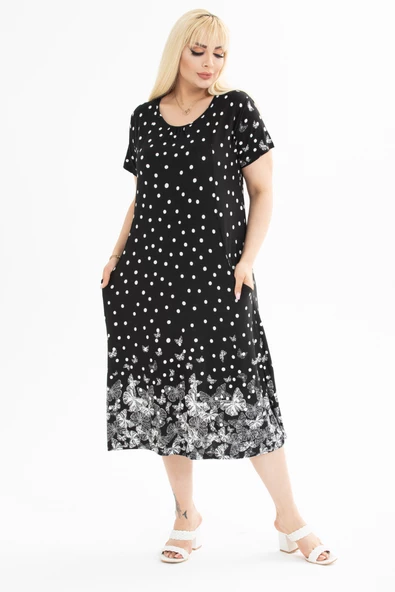 Melsay Butik Puanlı Kelebek Desen Kuplu Cepli Kısa Kollu Kadın Midi Elbise ürün görseli