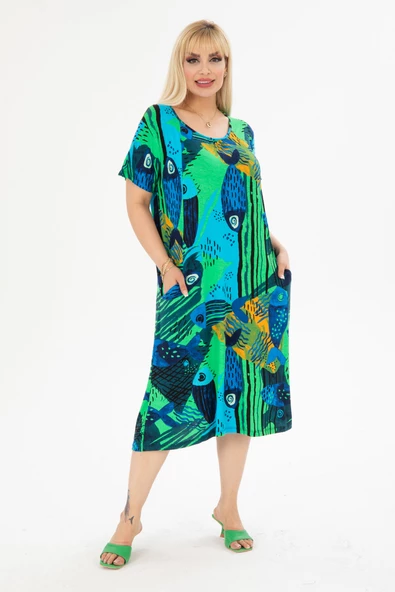 Melsay Butik Yeşil Balık Kuplu Cepli Kısa Kollu Kadın Midi Elbise ürün görseli