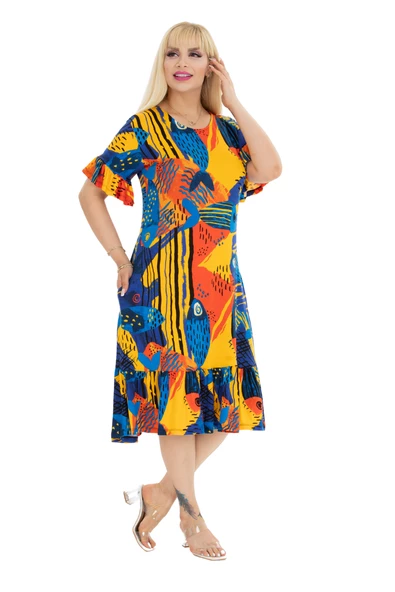 Melsay Butik Sarı Balık Desen Fırfırlı Kısa Kollu Kadın Midi Elbise - Resim 3