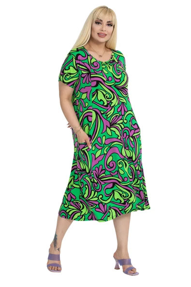 Melsay Butik Yeşil Jungle Desen Kuplu Cepli Kısa Kollu Kadın Midi Elbise ürün görseli