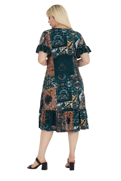 Melsay Butik Petrol Etnik Desen Fırfırlı Kısa Kollu Kadın Midi Elbise - Resim 5